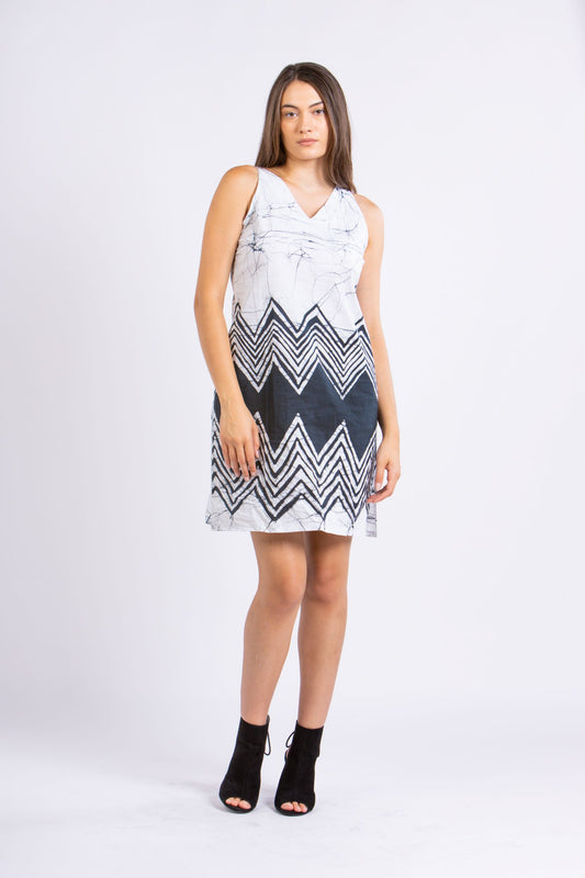 CC0151- Black & White Waves Short Batik Dress | Ceylon Batik | Hand Made | Summer Collection | Cotton Dress | Summer Wear