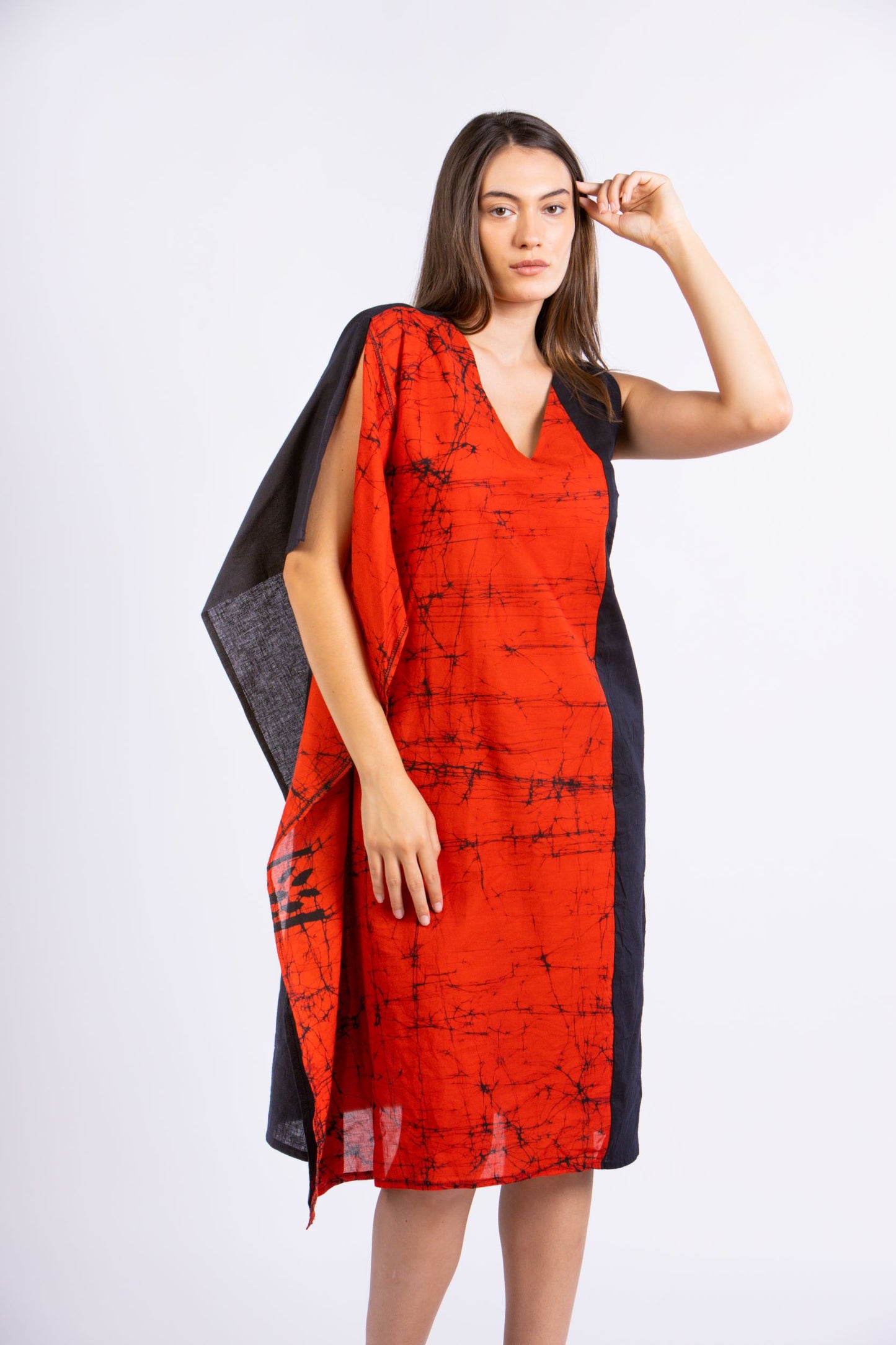 CC0068- Black & Red Cracks Short Batik Dress | Ceylon Batik | Hand Made | Summer Collection | Cotton Dress | Summer Wear