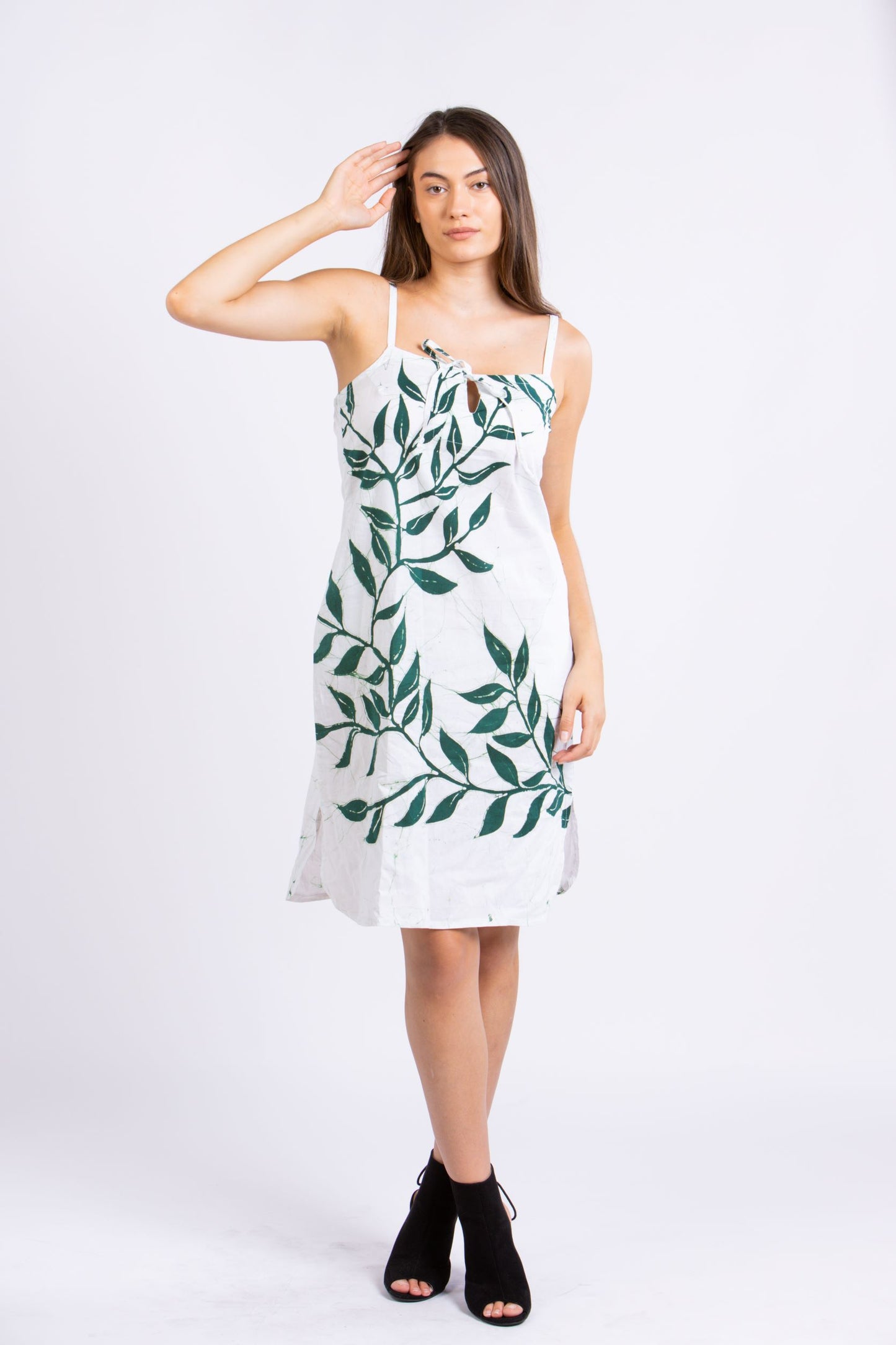 CC0065- Green Leaf White Short Batik Dress | Ceylon Batik | Hand Made | Summer Collection | Cotton Dress | Summer Wear