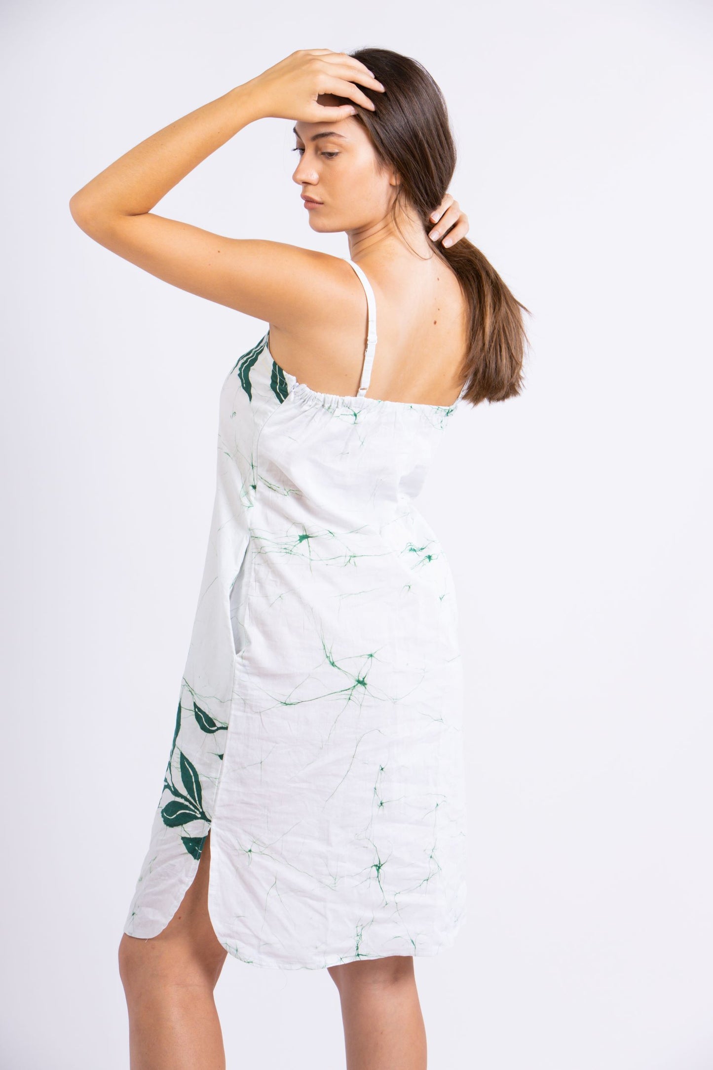 CC0065- Green Leaf White Short Batik Dress | Ceylon Batik | Hand Made | Summer Collection | Cotton Dress | Summer Wear