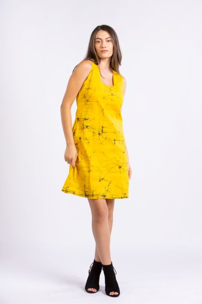 CC0061- Yellow Cracks Short Batik Dress | Ceylon Batik | Hand Made | Summer Collection | Cotton Dress | Summer Wear