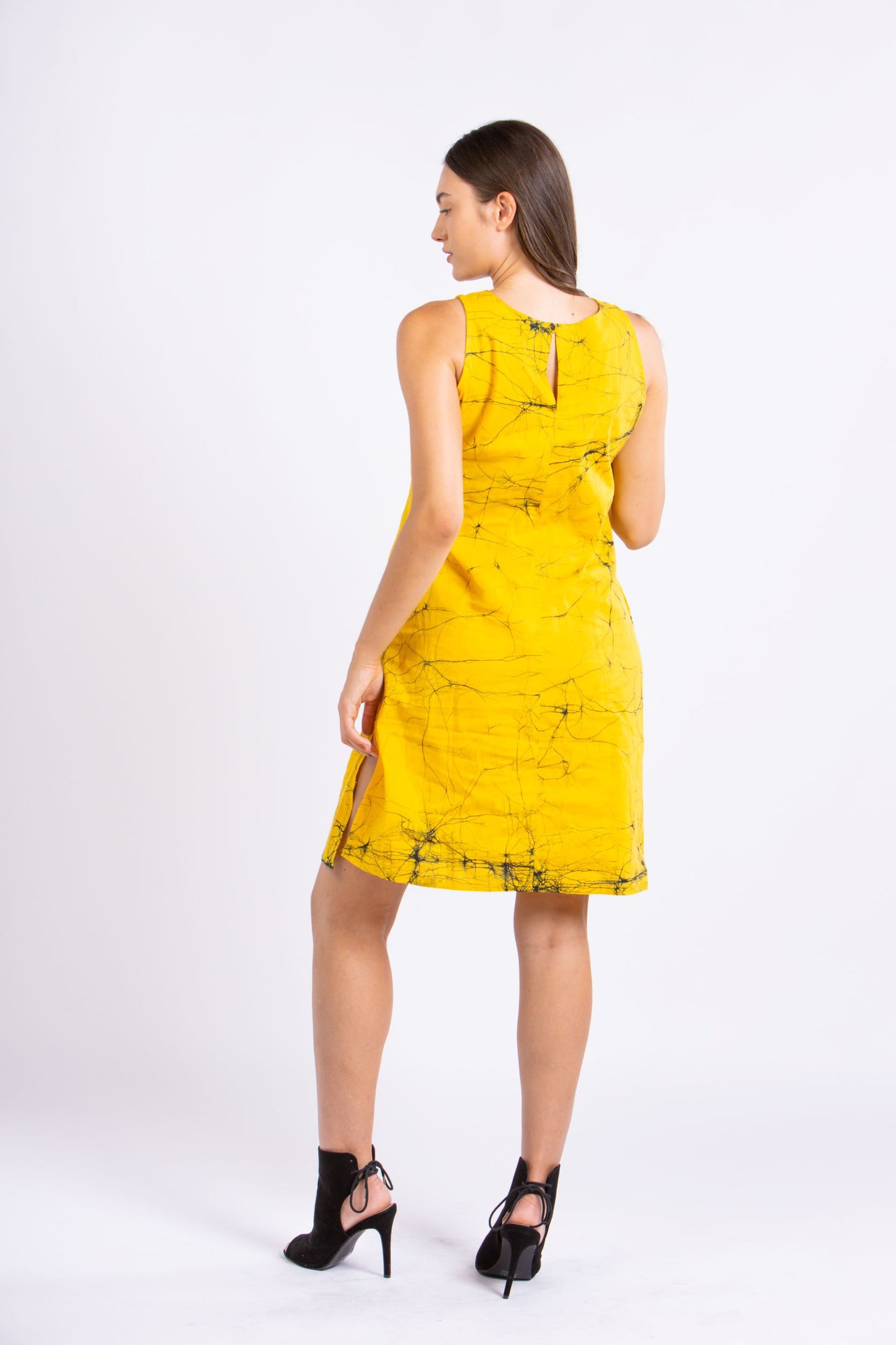 CC0061- Yellow Cracks Short Batik Dress | Ceylon Batik | Hand Made | Summer Collection | Cotton Dress | Summer Wear