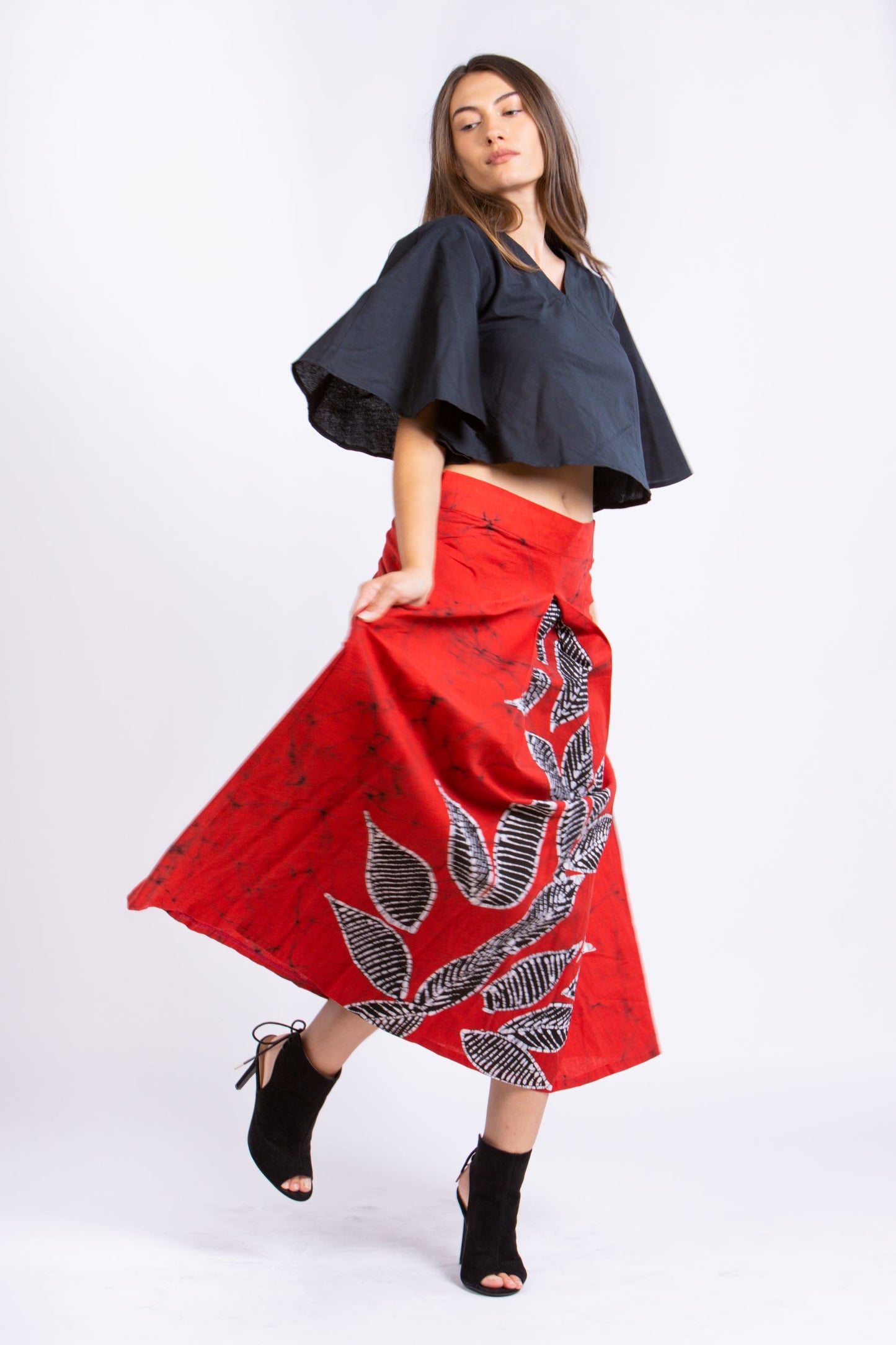 CC0073 - Red box pleat Batik long Skirt Batik| Ceylon Batik | Hand Made | Summer Collection | Cotton Long Skirt| Summer Wear