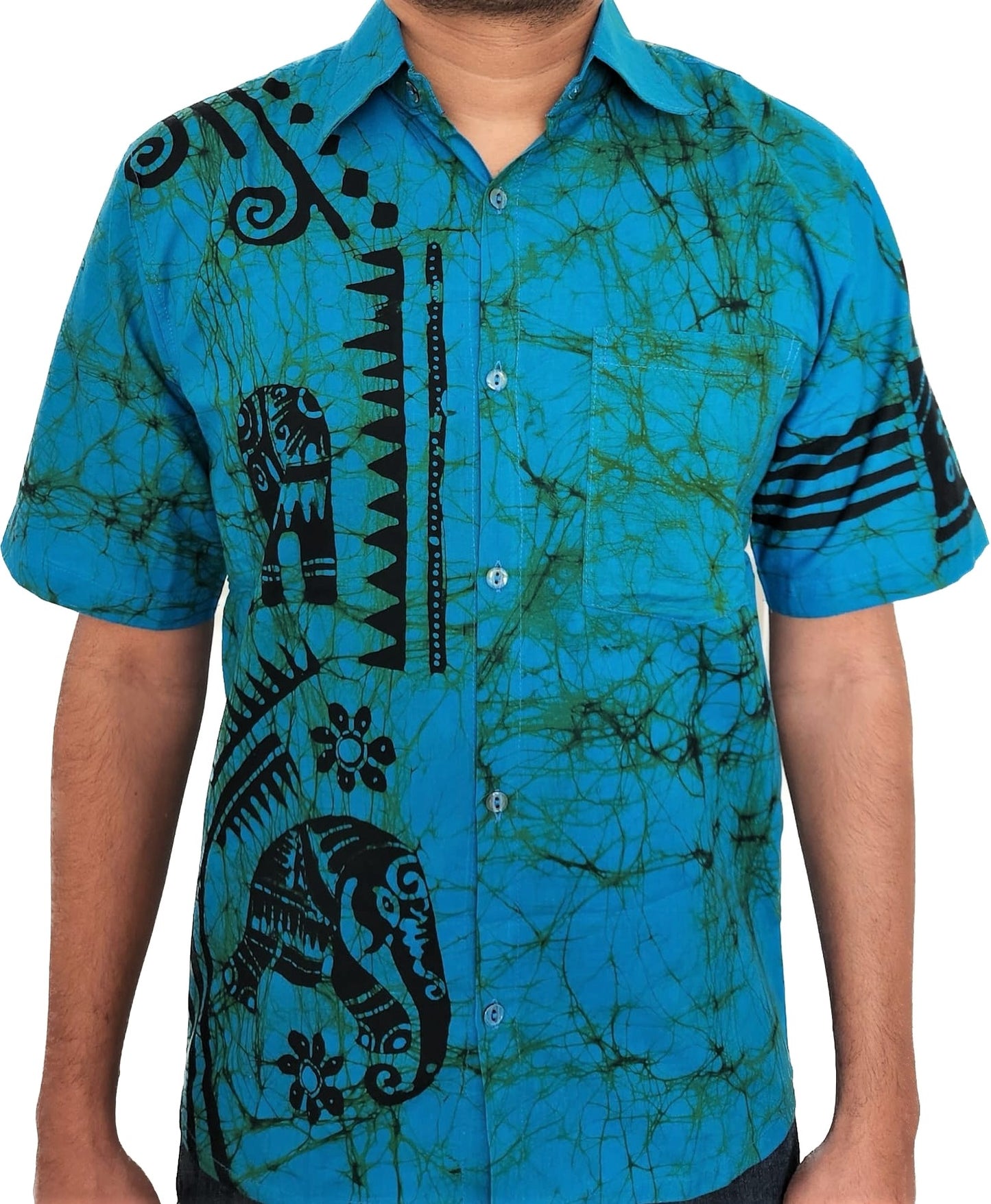 SH0009 -  Blue & Black Elephant Batik Shirt | Ceylon Batik | Hand Made | Men's Collection | Cotton Shirt | Summer Wear