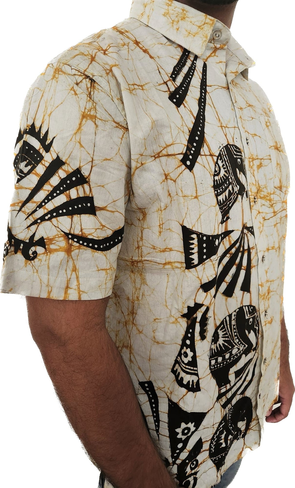 SH0011 -  White Batik Shirt in Black Elephant design | Ceylon Batik | Hand Made | Men's Collection | Cotton Shirt | Summer Wear