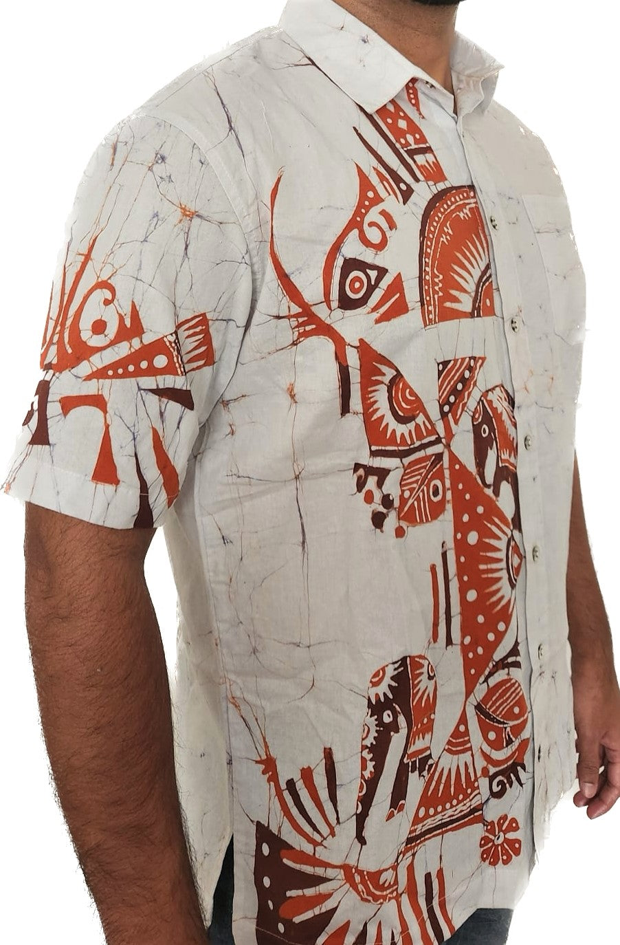 SH0010 -  Orange & White Batik Shirt | Ceylon Batik | Hand Made | Men's Collection | Cotton Shirt | Summer Wear