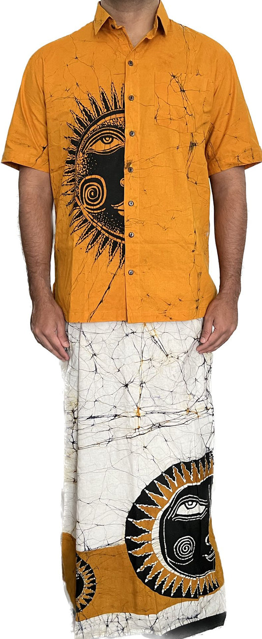 SH0014 - Classic Yellow Shirt & Sarong kit with Batik designed Sun | Ceylon Batik | Hand Made | Men's Collection | Cotton Shirt | Summer Wear | Party Wear |