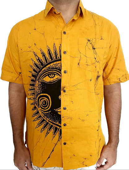 SH0014 - Classic Yellow Shirt & Sarong kit with Batik designed Sun | Ceylon Batik | Hand Made | Men's Collection | Cotton Shirt | Summer Wear | Party Wear |