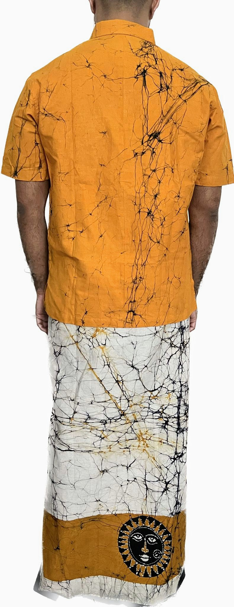 SH0014 - Classic Yellow Shirt & Sarong kit with Batik designed Sun | Ceylon Batik | Hand Made | Men's Collection | Cotton Shirt | Summer Wear | Party Wear |