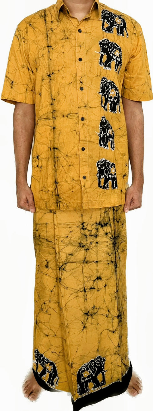 SH0015 - Classic Yellow Shirt & Sarong kit with Batik designed Elephants | Ceylon Batik | Hand Made | Men's Collection | Cotton Shirt | Summer Wear | Party Wear |